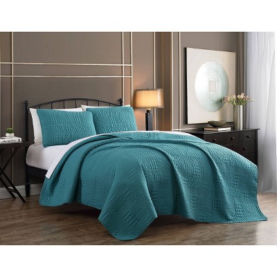 Queen 3pc Yardley Embossed Quilt Set Teal - Geneva Home Fashion