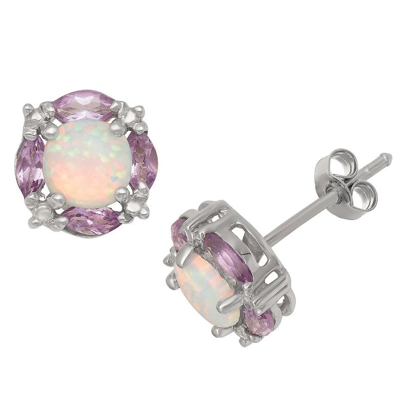 Opal and Amethyst Accent Stud Earrings in Sterling Silver, 1 of 2