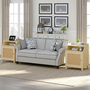 Zeus & Ruta Farmhouse Nightstand Set of 2 with Charging Station, Rattan Door & Adjustable Shelf for Bedroom, Natural Oak - 1 of 4