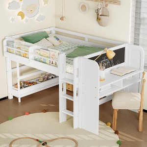 KTMBDW Low Loft Bed with Storage Shelves,Desk and Blackboard,Wood Kids Loft Bed with Safety Guardrail and Ladder,Under-Bed Play Space - 1 of 4