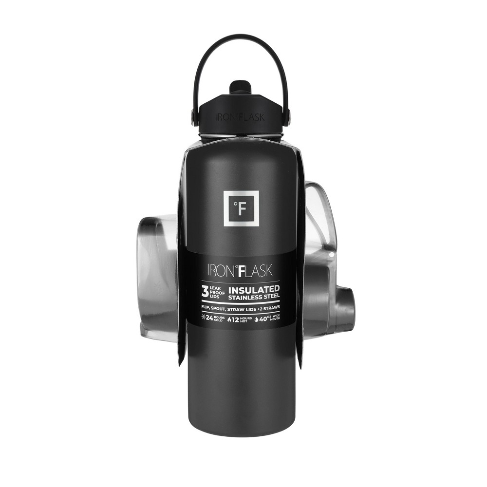 IRON FLASK 40oz Wide Mouth Sports Water Bottle - 3 Lids, Leak Proof, Double Walled Vacuum Insulated - Midnight Black -  84667307