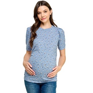 Hello Miz Women's Ribbed Puff Sleeve Side Ruched Maternity Top - 1 of 4