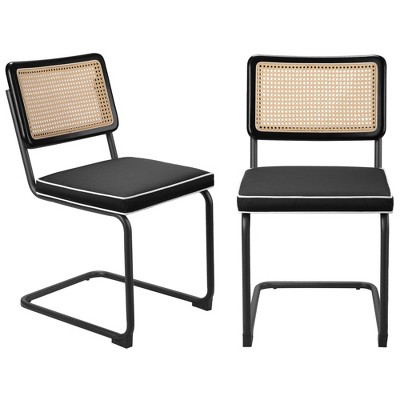 COWLOWN Black 2 Piece Mid - Century Rattan Chairs, Cane Back, Upholstered Cushions for Stylish Home Dining Room and Kitchen Decor