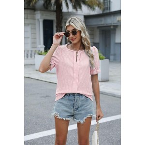 Womens Tops V Neck Puff Sleeve Jacquard Short Sleeve Top Blouse Shirts - 1 of 4