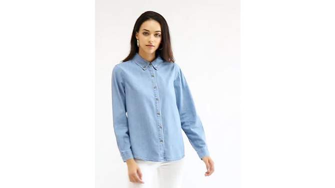 Allegra K Women's Classic Long Sleeve Loose Fit Button Up Denim Shirt, 2 of 8, play video