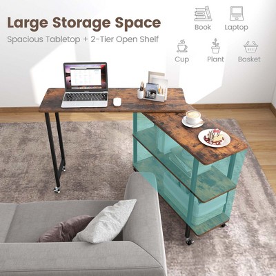 Rustic Brown Rotatable Sofa Side Table with Metal Frame