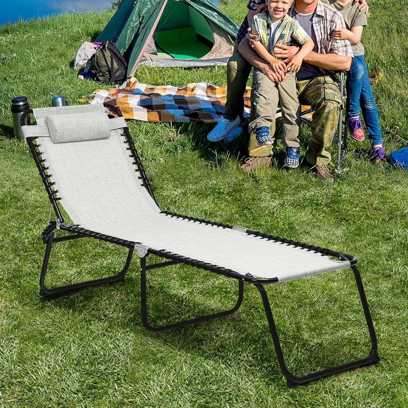 Costway Folding Beach Lounge Chair Heightening Design Patio Lounger w/ Pillow Black\Grey, 2 of 11