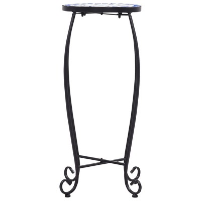Blue and White Ceramic Mosaic Plant Stand Set with Black Iron Frame