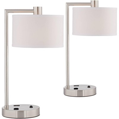 360 Lighting Modern Desk Table Lamps Set of 2 with Hotel Style USB and AC Power Outlet in Base Brushed Nickel White Linen Shade for Office