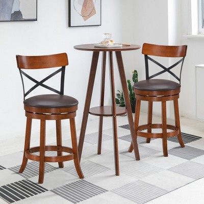 Set of 2 Swivel Brown Rubberwood Bar Stools with Metal Backrest