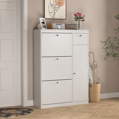RISOKEYS White Freestanding Tipping Bucket Shoe Rack Organizer with  Flip Drawers and Storage Shelf for Entryway, Hallway, Living Room