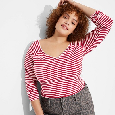 Women's Long Sleeve V-Neck T-Shirt - Wild Fable™ Red Striped XXL