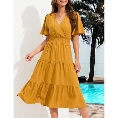 ruffle dress casual Women's Tiered Midi Dress, v-Neck Floral Printed for Vacation Summer : Target Midi dress Finish:Lacquered your color 70s disco dress WOMEN'S LONG SLEEVE SURPLICE Embrace effortless style with