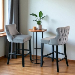 Mshliw Set of 2 Velvet Upholstered Wing-Back Barstools with Button Tufting, Chrome Nailhead Trim, and Wooden Legs for Kitchen and Home Bar - 1 of 4