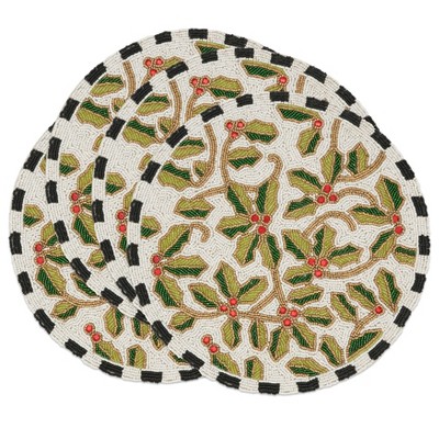Festive Holly Leaves Beaded Round Placemats Set of 4