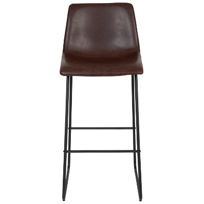 Dark Brown Leather and Metal Bar Height Stools, Set of 2