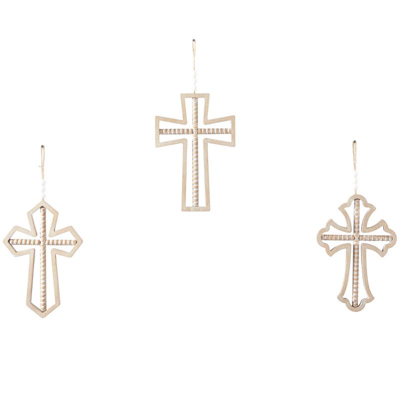 Set of 3 Wood Biblical Carved Beaded Crosses Wall Decors with Rope Hanger Brown - Olivia &#38; May, 3 of 7