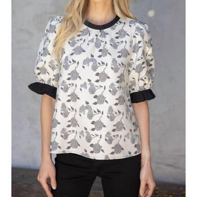 Women's Rose Jaquard Contrast Ruffle Top - voy