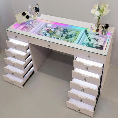 VANITII 13 Storage Drawers With Lights Makeup Vanity Desk RGB Strip, White