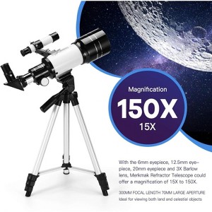 Telescope for Kids Adults, 70mm Aperture 300mm Telescopes for Astronomy Beginners, 15X-150X Magnification Refractor Telescope, Phone Adapter, White - 1 of 4
