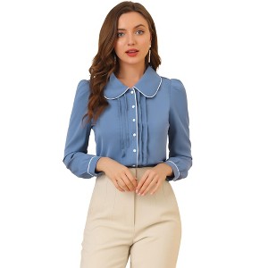 INSPIRE CHIC Women's Casual Peter Pan Collar Button Down Contrast Puff Sleeve Work Blouse - 1 of 4