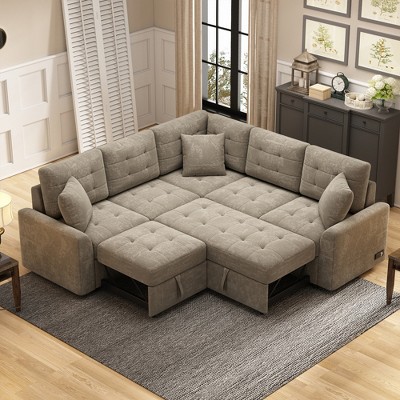 CIPACHO 82.6" L-shape Sofa Bed Pull-out Sleeper Sofa with Wheels, USB Ports, Power Sockets for Living Room , Khaki
