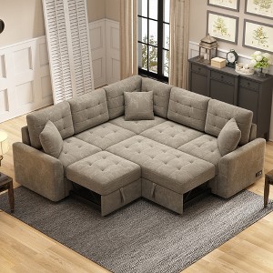 CIPACHO 82.6" L-shape Sofa Bed Pull-out Sleeper Sofa with Wheels, USB Ports, Power Sockets for Living Room , Khaki - 1 of 4