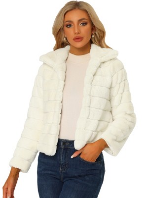 INSPIRE CHIC Women's Collar Warm Winter Outwear Cropped Faux Fur Fluffy Coat
