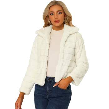 Allegra K Women's Collar Warm Winter Outwear Cropped Faux Fur Fluffy Coat