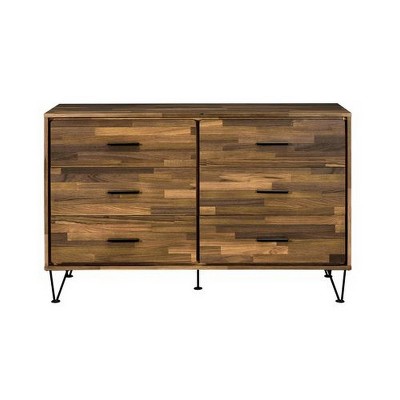 Double Horizontal Brown Dresser with Butcher Block Pattern and Metal Accents