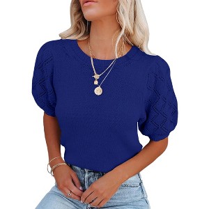 Women's Lightweight Short Sleeve Crewneck Sweaters Knit Pullover Tops with Casual Crochet Sleeve Blouse,Royal Blue - XL - 1 of 3