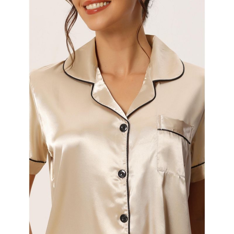 cheibear Women's Satin Button Down Sleepwear Shirt with Shorts Pajama Sets, 5 of 7