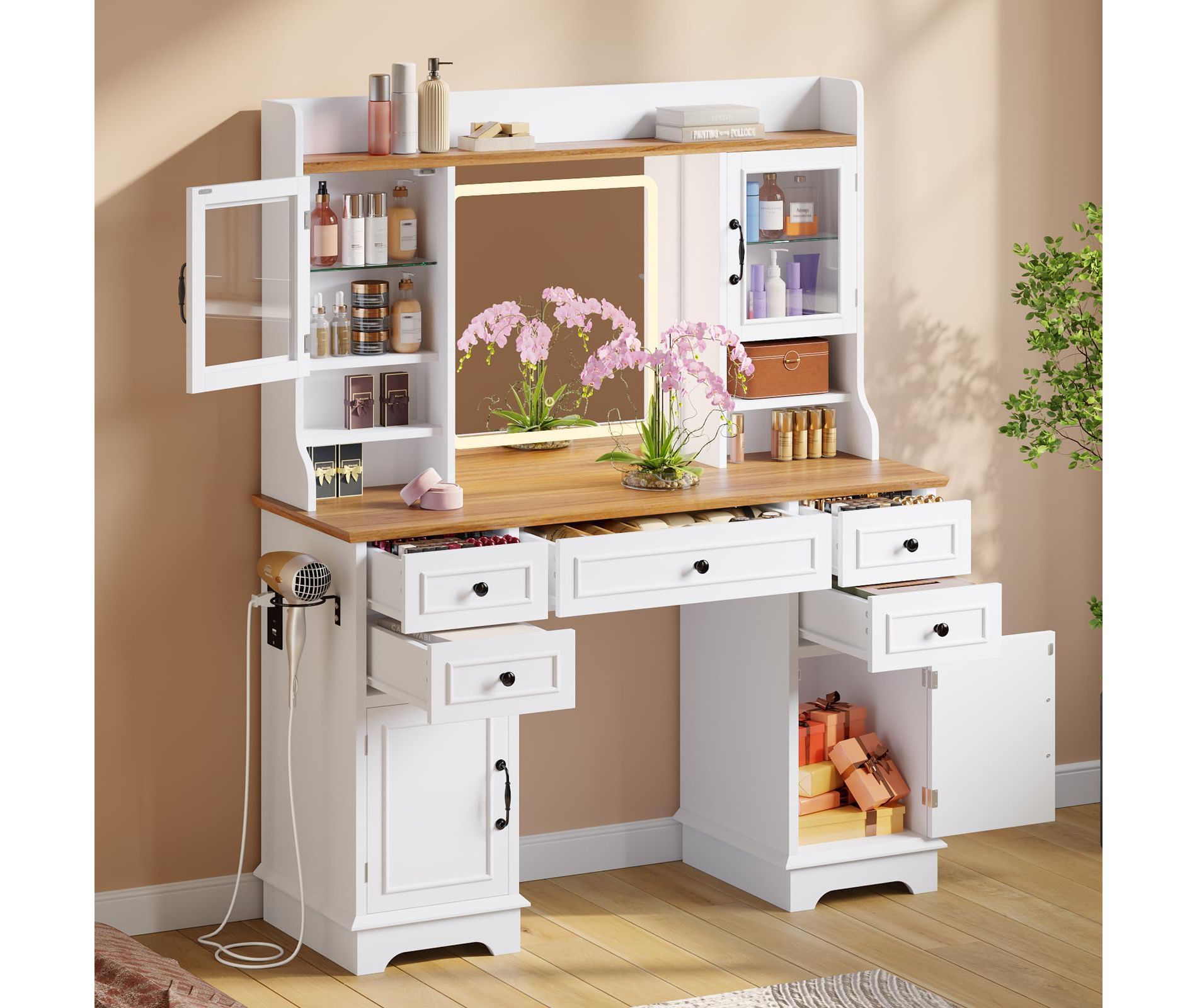 Makeup Vanity Desk with Lights, Fluted Wooden Dressing Table with 5 Drawers and Adjustable Shelves, Makeup Vanity Table Glass Top for Bedroom, Oak