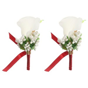 Unique Bargains Calla Lily Boutonnieres Silk Ribbon Artificial Flowers with Pins 2 Pcs - 1 of 4