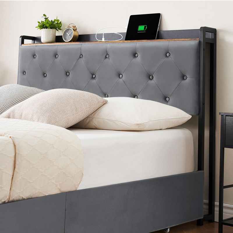 Whizmax Bed Frame with 4 Storage Drawers and Charging Station,Upholstered Bed Frame with Storage Headboard, Gray, 3 of 9