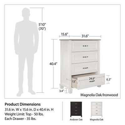Ivory Oak Vertical 4-Drawer Dresser with Silver Hardware