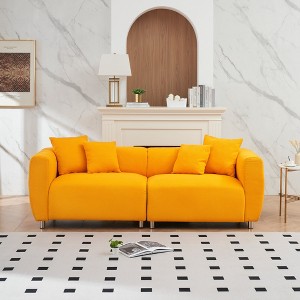 89'' Teddy Velvet 3-Seater Sofa with 4 Pillows, Metal Legs and Solid Wood Frame with Deep Seats - 1 of 4