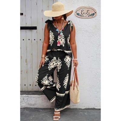 I AM A FASHION JUNKY Plus Size Printed Knot Shoulder Wide Leg Sets