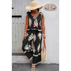 I AM A FASHION JUNKY Plus Size Printed Knot Shoulder Wide Leg Sets - 1 of 4