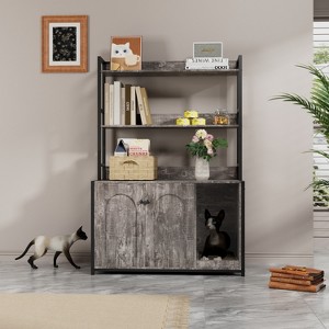 Vynxaria Large Cat Litter Box Enclosure With Shelf Storage, Hidden Cat Washroom Furniture, Wooden Cat House With Scratch Pad, gray - 1 of 4
