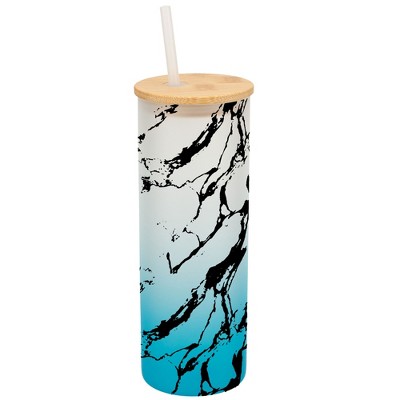 Elanze Designs Marble Abstract Texture Wrap-Around Design 25 Ounce Frosted Gradient Glass On-The-Go Coffee Travel Skinny Tumbler Mug Cup, Bamboo Lid