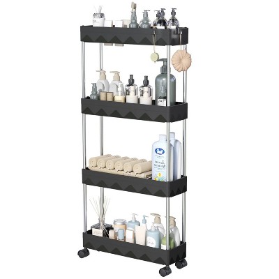 LunaLulinlk 4 Tier Slim Rolling Storage Cart, Slim Cart Kitchen Storage Organizer Rolling Utility/ Mobile Shelving Unit Slide Out Storage Cart, Black