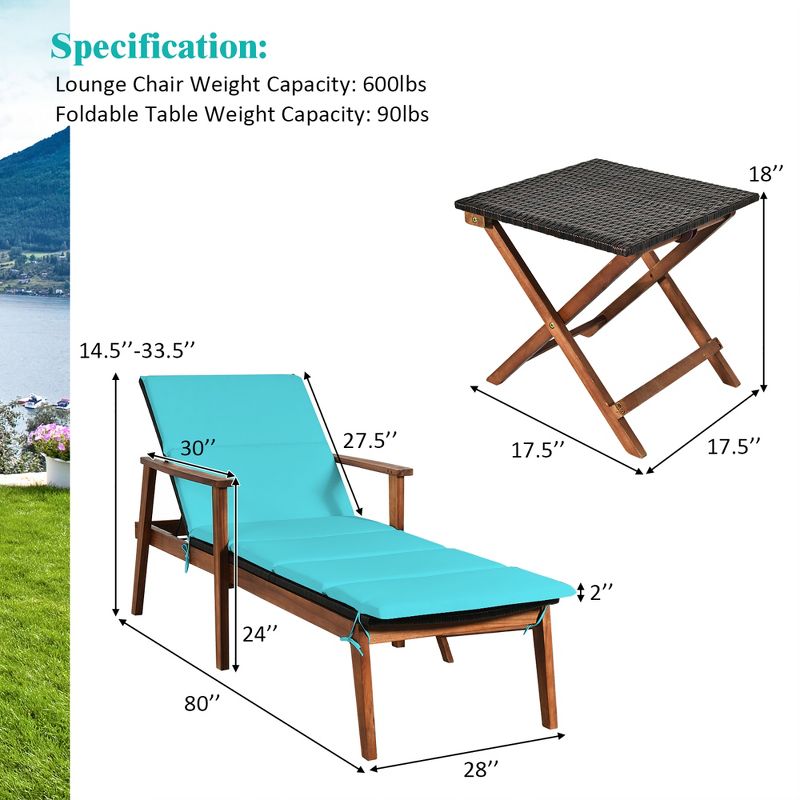 Costway 3PCS Patio Rattan Lounge Chair Folding Table Set Chaise Wood Cushioned White\Turquoise, 3 of 11
