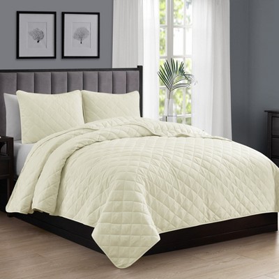Ivory Twin Reversible Microfiber Diamond Stitch Quilt Set