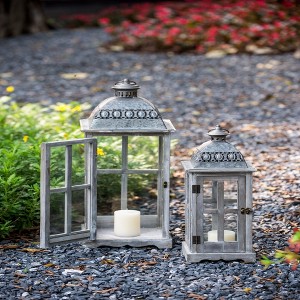 AZL1 Life Concept Decorative Lantern Wooden Candle Lanterns Set of 2 with Metal Roof for Indoor Outdoor Home Garden Wedding, Gray, 12.2"*12.2"*30.3" - 1 of 4