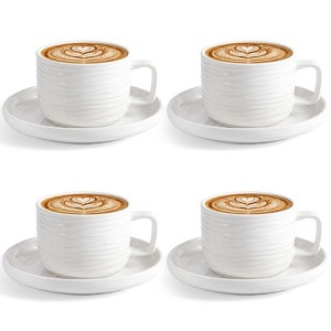 Cappuccino Cups Set of 4 – 8oz Latte Mugs with Saucers and Spoons, White Cream Ceramic Coffee Tea Cups for Mocha Macchiato Au Lait Café : Target