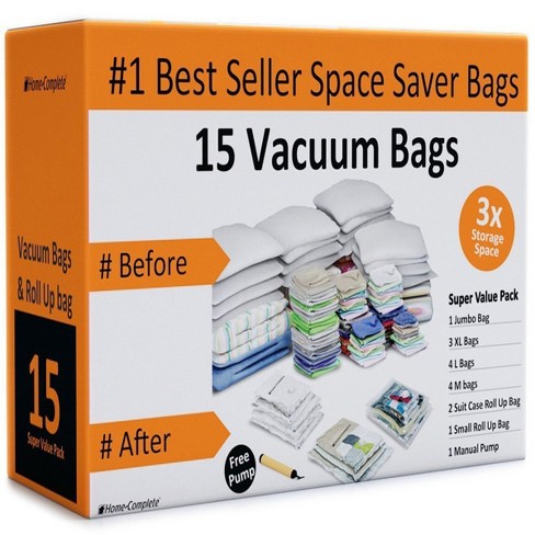 15 Vacuum Sealer Bags – Compression Bags for Travel, Clothes, and Blanket  Storage – Airtight Space Saver Bags in 6 Sizes and Pump by Home-Complete