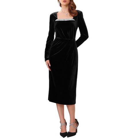 Женские платья INSPIRE CHIC Women's Velvet Ruched Square Neck Long Sleeve Formal Evening Cocktail Midi Dresses Large Black