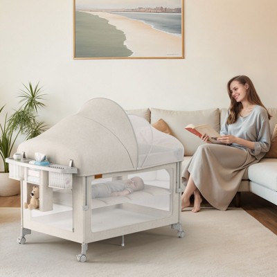 BabyBond 4 in 1 Baby Playard Baby Bassinet Beside Sleeper, Pack and Play, Diaper Changer with Mattress, Mosquito Net for Newborn to Toddles, Beige