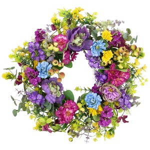 Northlight Eucalyptus, Peony and Zinnia Floral Spring Wreath - 24" - 1 of 4